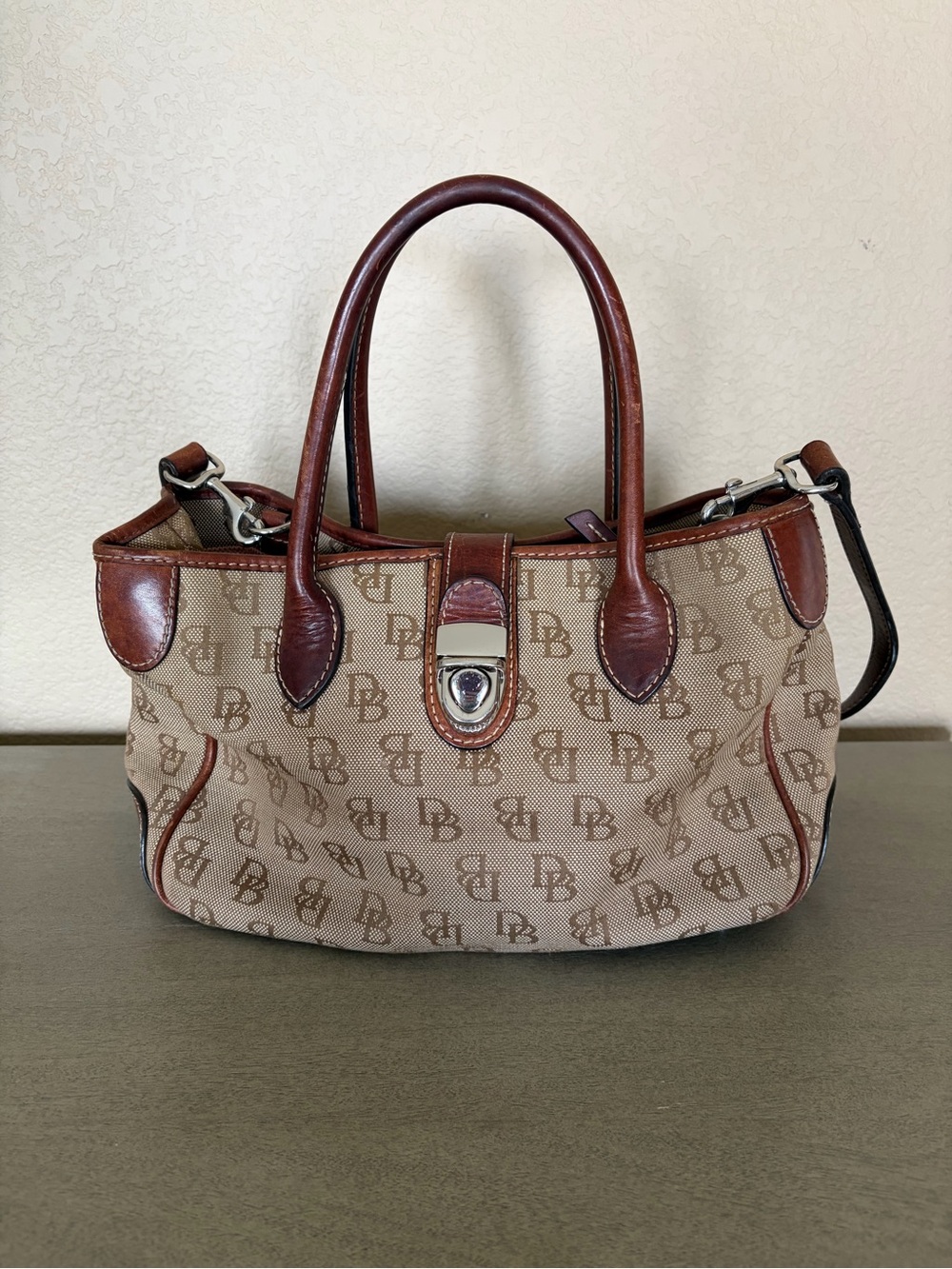 Dooney & Bourke Tan Monogram Satchel with Brown Leather Trim
